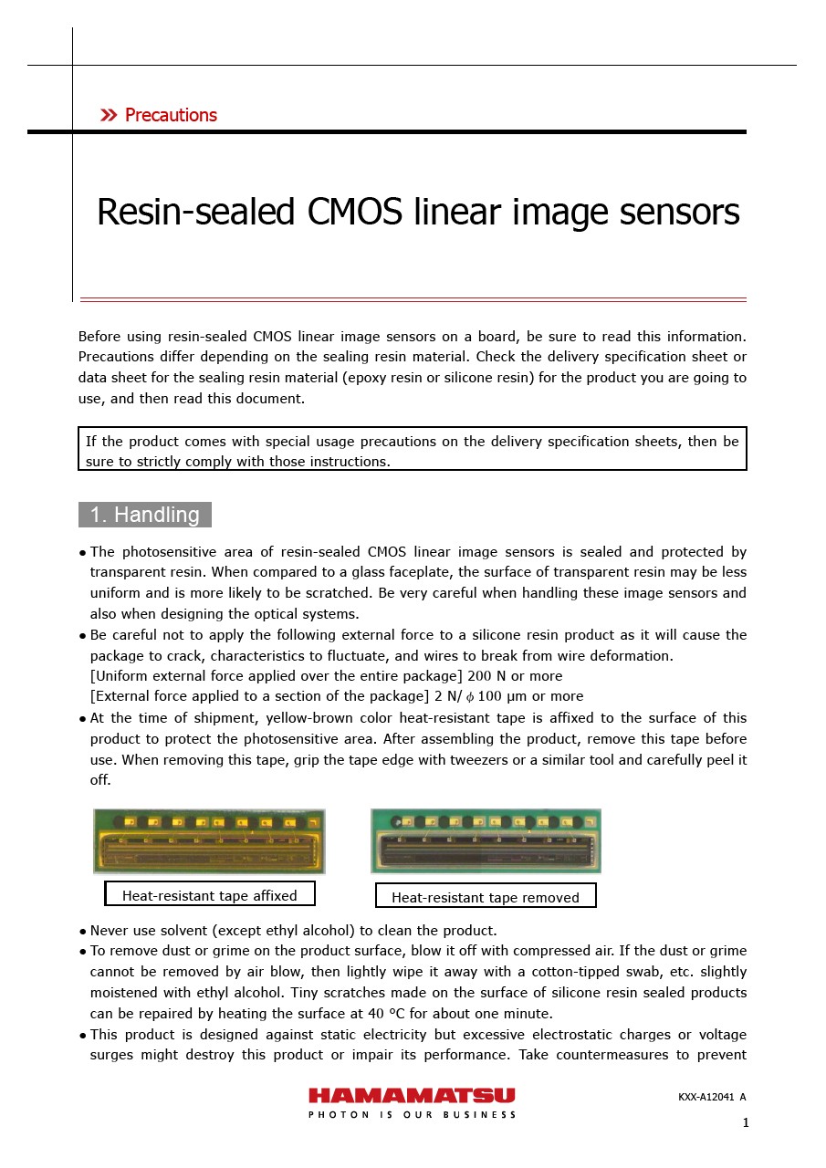 Precautions / Resin-sealed CMOS linear image sensors